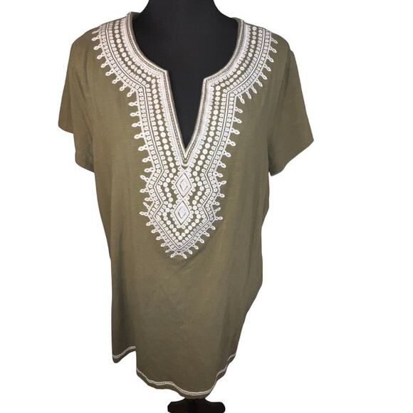 C Wonder Woman 1X Embroidered Neckline and Yolk Olive Bohemian Stretchy Tunic - Picture 2 of 9